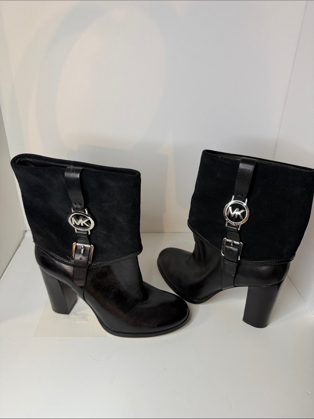 MICHAEL Michael Kors Black Leather & Suede Block Heel Mid-Calf Boots